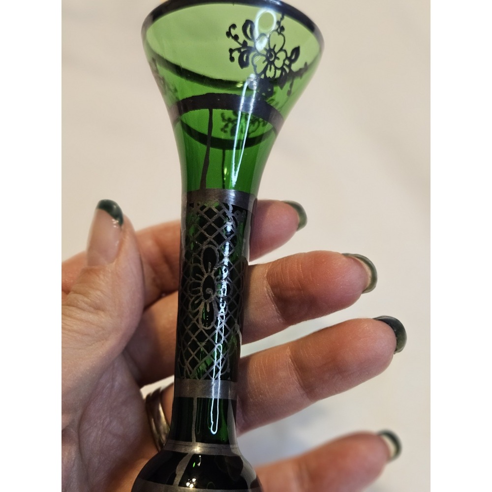 Bohemian Emerald Green Glass Silver Overlay Bud or Weed Vase - Beautiful - Picture 13 of 16
